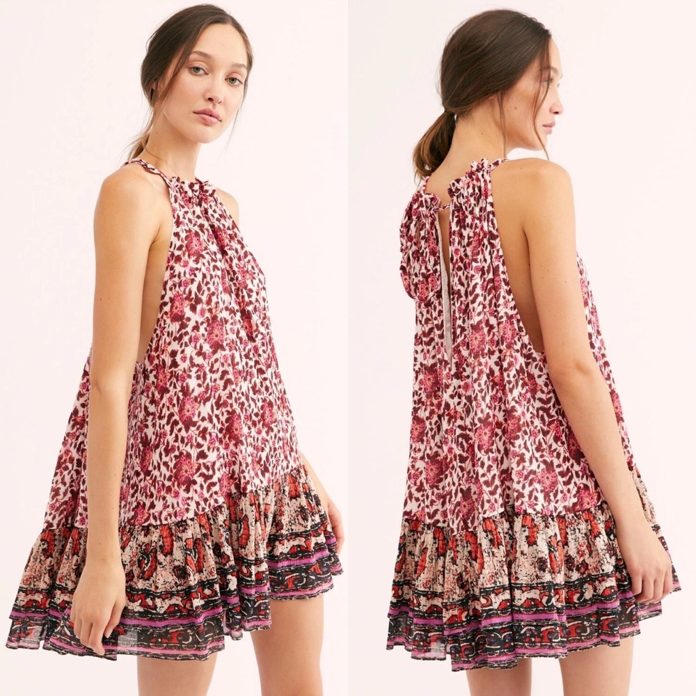 Free‎ People Lyla Mini Swing Dress XS Pink Floral Halter Neck Tiered Ruffle